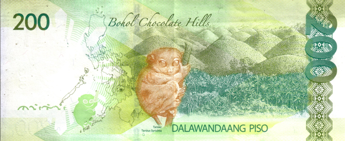Chocolate Hills and Tarsier on Philippine 200 peso banknote (image)
