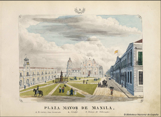 Plaza Mayor de Manila, 1847, showing Town Hall, Manila Cathedral, and Governor's Palace (image)